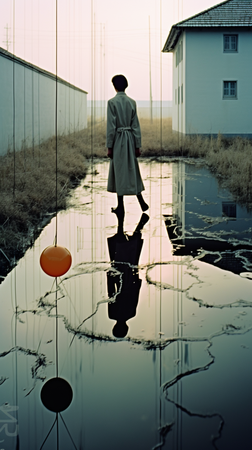 AI artwork of a figure in a long grey coat walking away down a path, perfectly mirrored in a sprawling, glassy puddle alongside a single floating orange sphere.