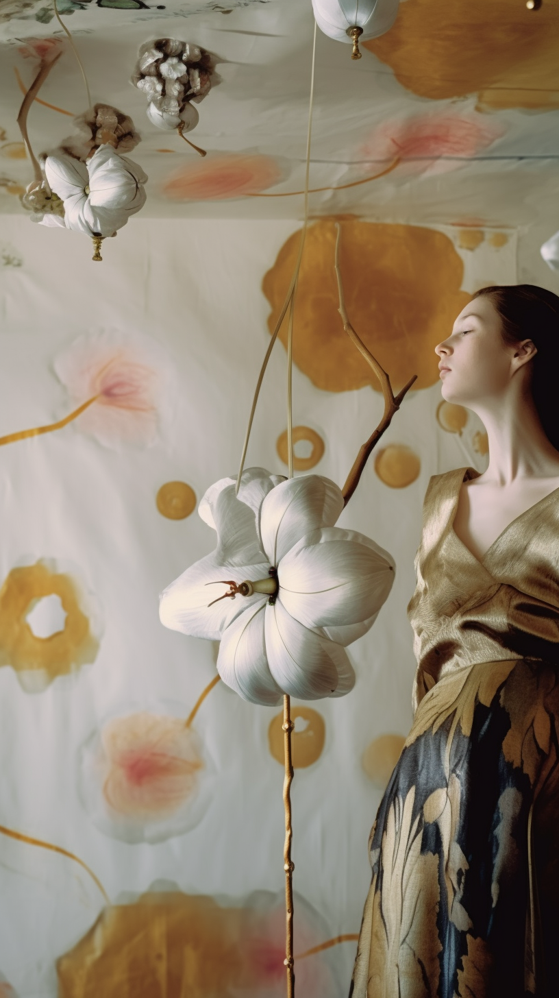 AI artwork of a woman in a metallic gold gown looking upward in profile, standing next to a large, soft white sculpted flower shape against a background of delicate orange washes.