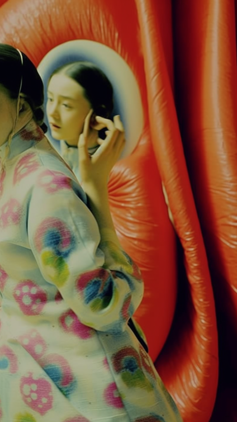 AI artwork of a person in profile wearing a blue floral garment, standing beside massive, smooth orange-red pillared structures.