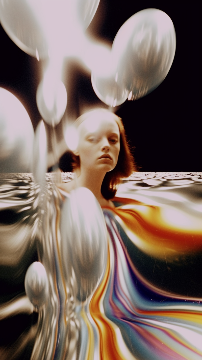 AI artwork of a woman immersed in dark water, surrounded by large floating white balloons and swirling pools of liquid light glowing with rich orange and gold cosmic tones.