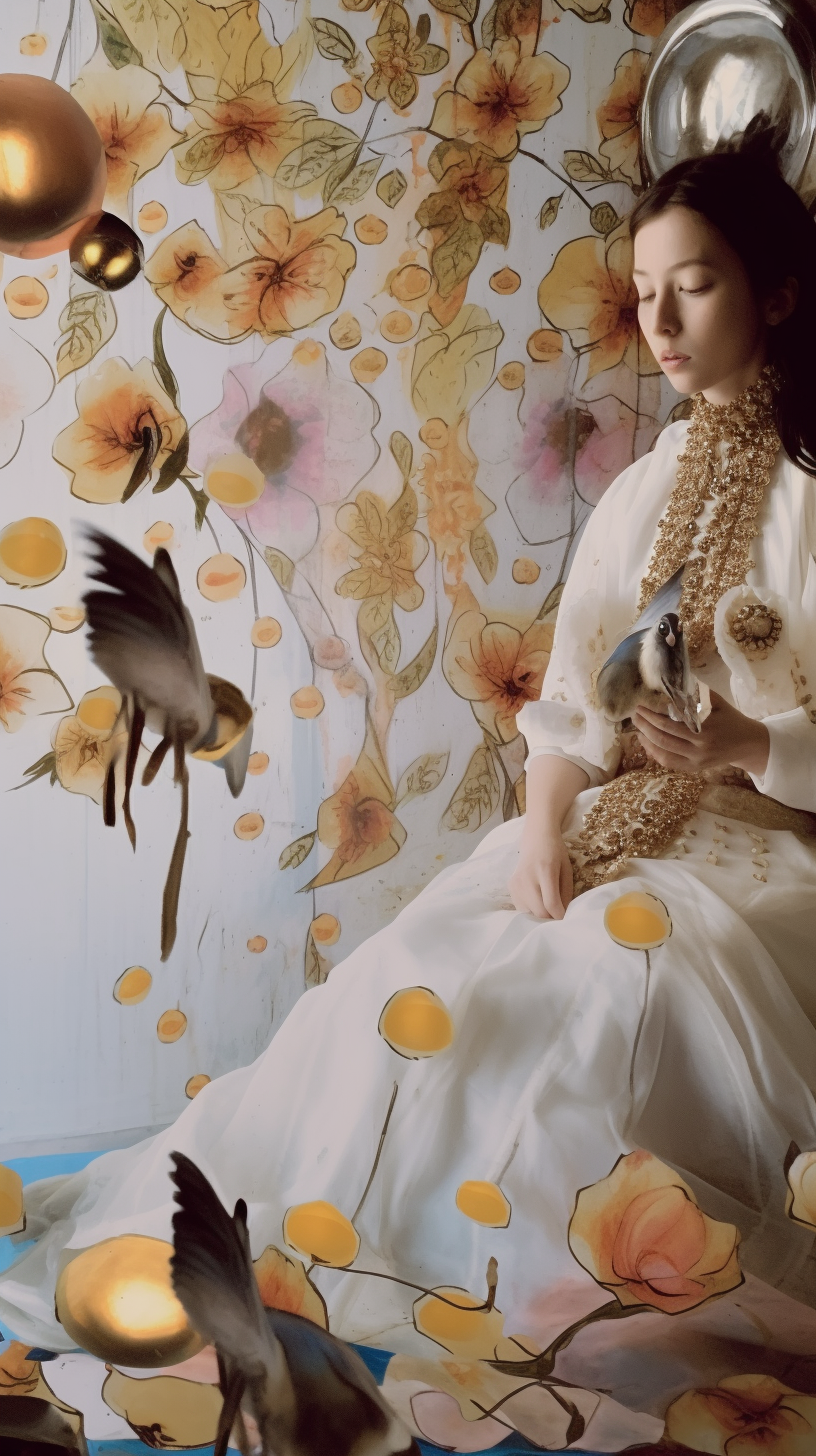AI artwork of a seated person in a white gown wearing a heavy gold mesh cowl, positioned against a yellow and pink floral backdrop with a dark bird silhouette on the left.
