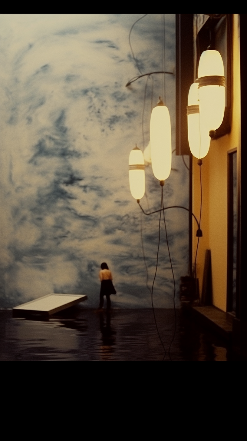 AI artwork depicting a tiny figure standing on a dark, reflective floor beside a white floating platform, underneath massive glowing cylindrical pendant lights against a wall textured like blue storm clouds.