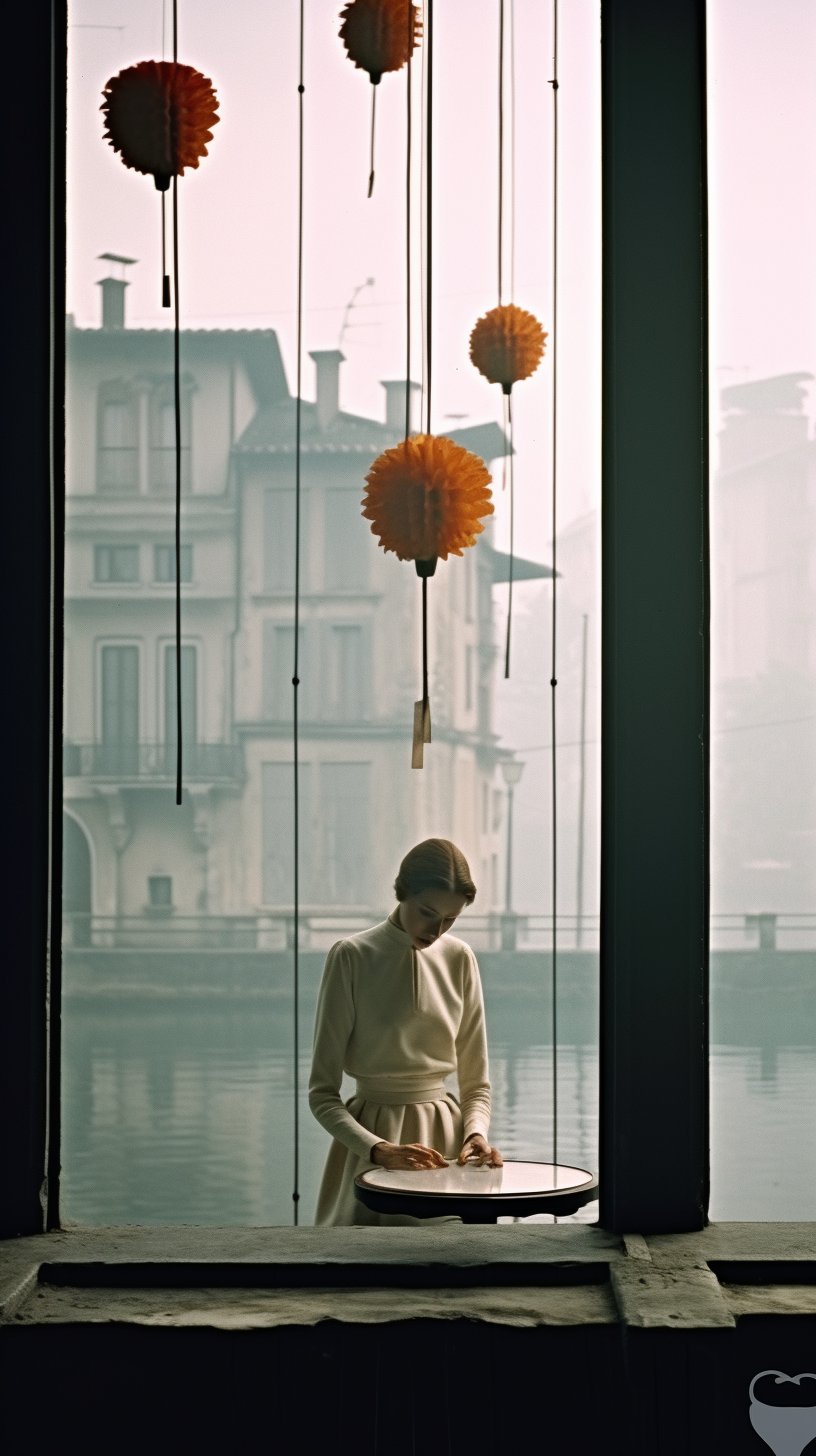 AI artwork of a woman looking down behind a large glass window overlooking a misty river canal and historical buildings, with a textured orange pom-pom lantern hanging overhead.