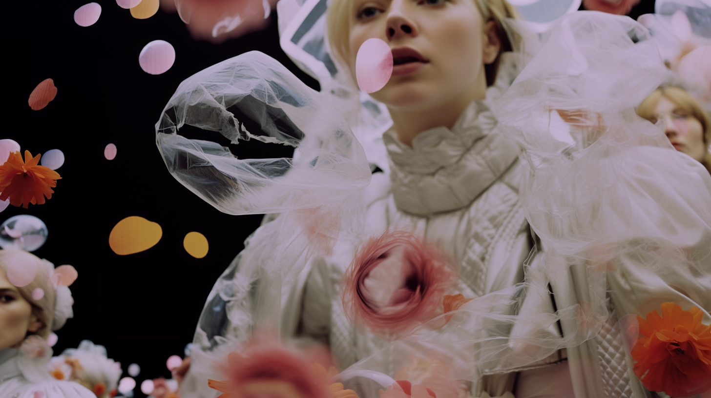 AI artwork of a blonde woman looking upward, dressed in a high-collared white garment layered with sheer white tulle and soft, out-of-focus pink flowers across her torso.