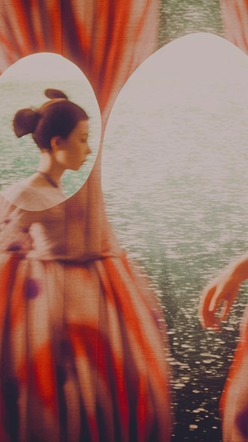 AI artwork of a person in an orange gown viewed in profile next to an expanse of grey water, partially framed inside an overlapping circular lens cutout.