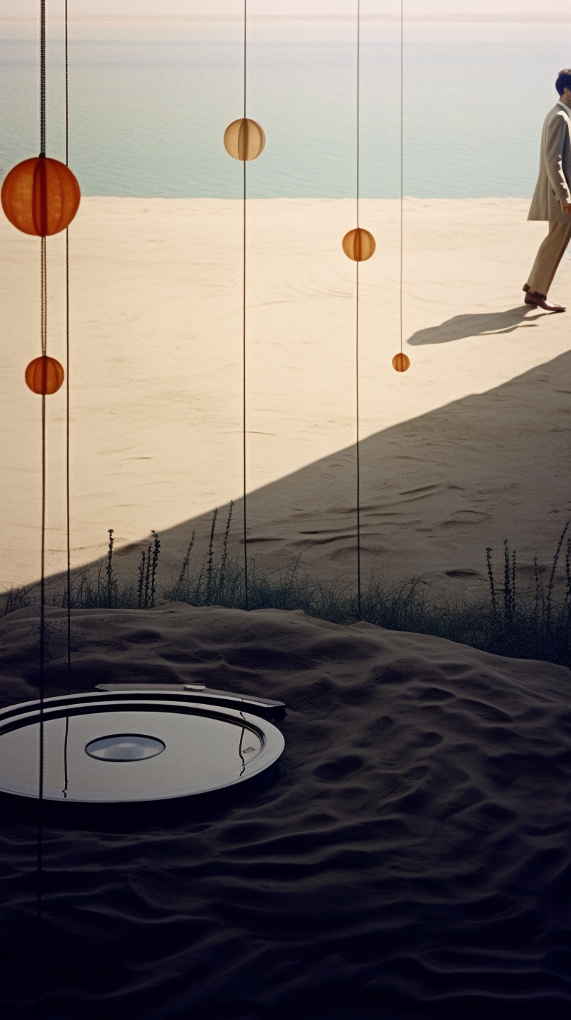 AI artwork capturing a minimalist sandy landscape cut by a sharp geometric shadow, featuring a single foot walking out of the frame and thin strings holding small orange discs.