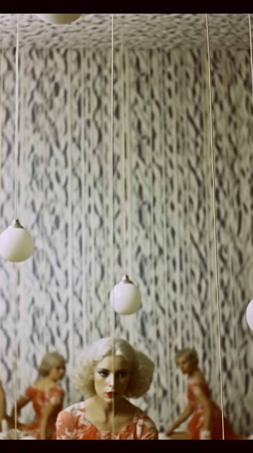AI artwork of several white globe pendant lights hanging vertically on slender cords in sharp focus against a heavily blurred grey and white patterned wallpaper.