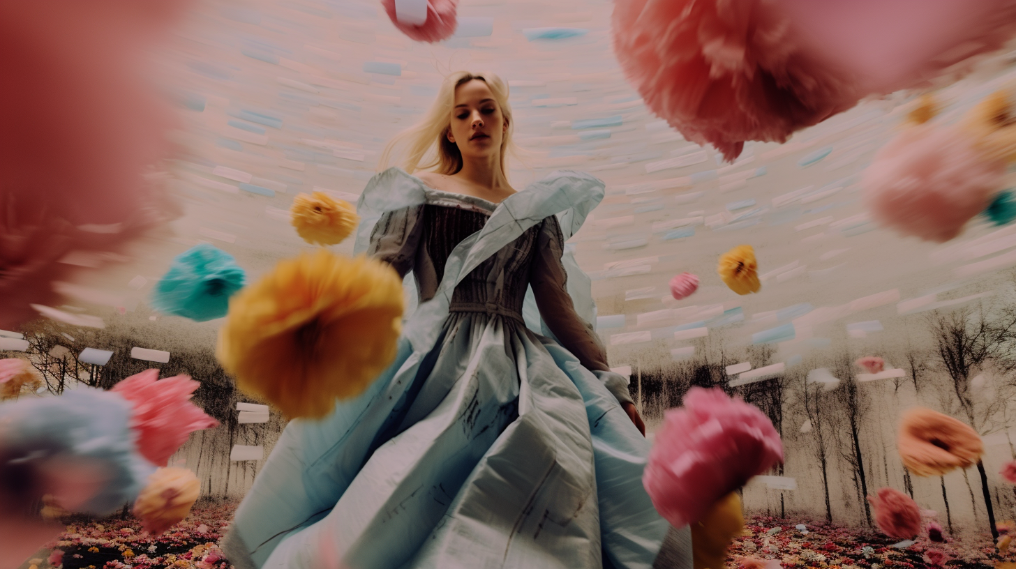 AI artwork from a low angle showing a blonde woman in an ice-blue structured gown, surrounded by giant, floating fluffy floral pom-poms in pink and yellow under a textured pastel sky.