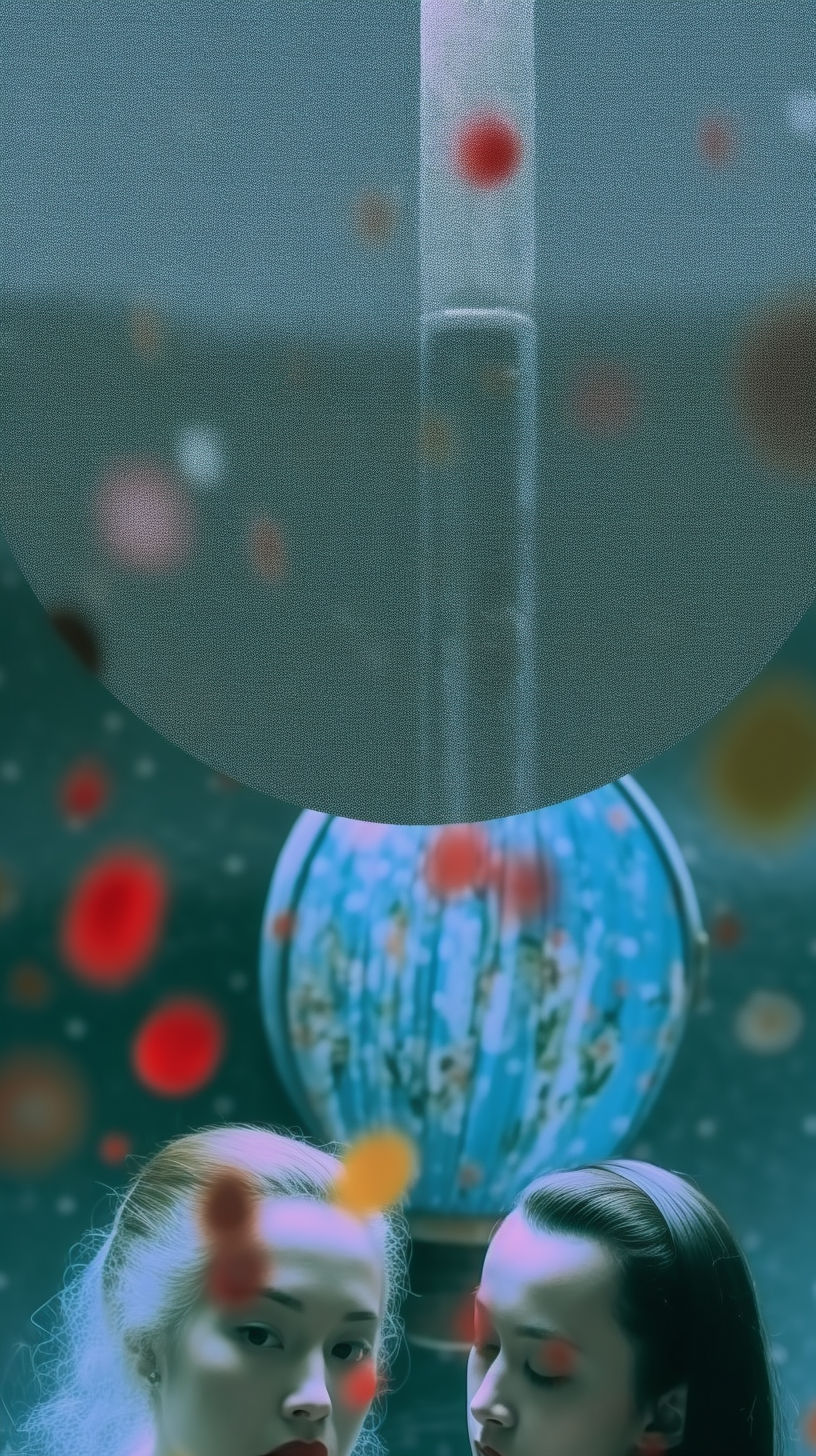 AI artwork featuring a heavily textured, grainy dark green circular overlay splitting the frame above a soft-focus composition of red and blue floral patterns.
