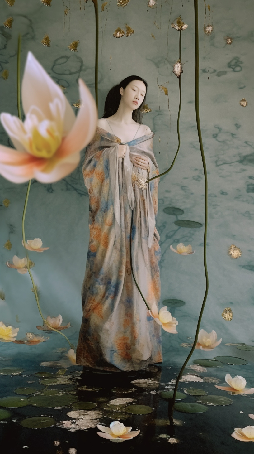 AI artwork of a woman in a long, flowing blue and orange patterned dress standing against a mottled green-grey wall, intertwined with long green lotus stems and pale blossoms.