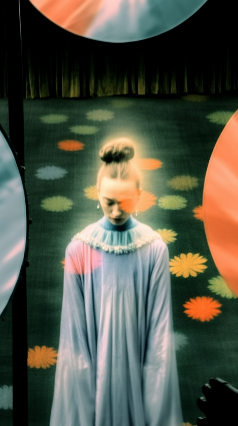 AI artwork of a woman with her eyes closed wearing a soft lavender gown with a ruffled collar, set against a dark green retro floral carpet, framed by large blurred colored circles in the foreground.