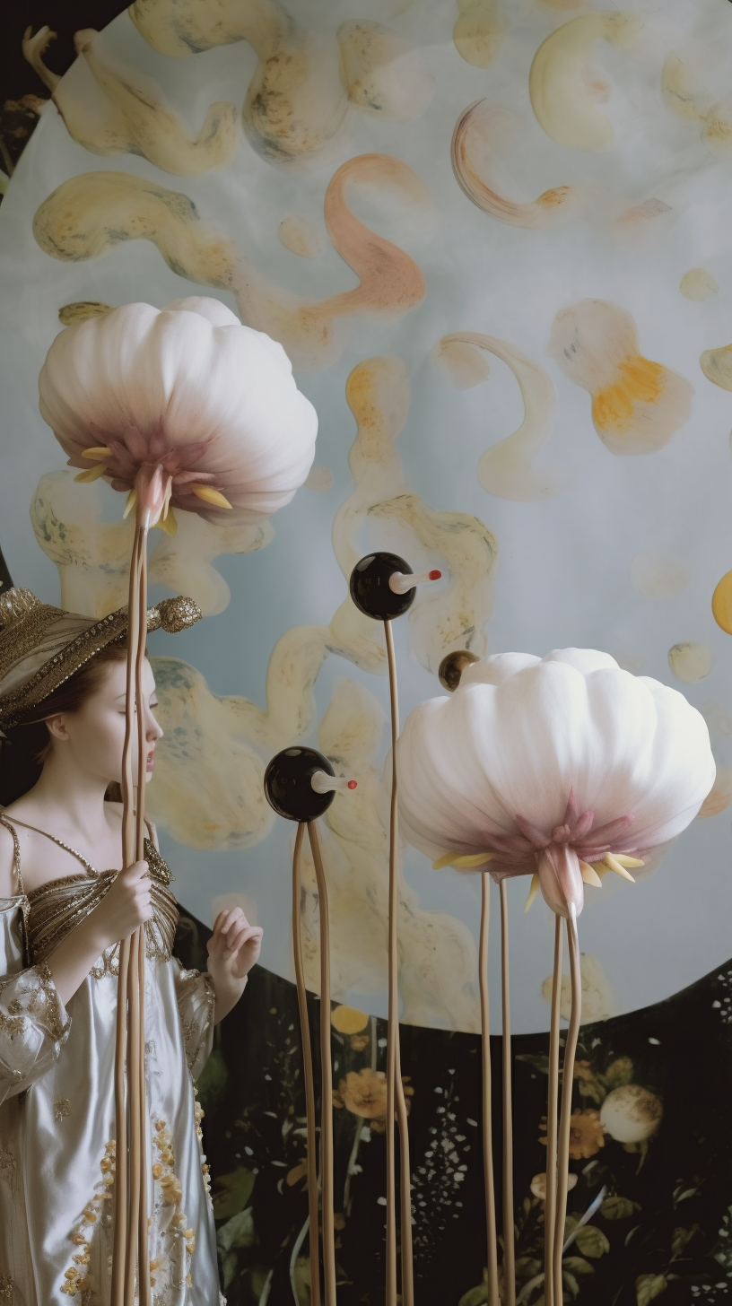 AI artwork of a woman looking up at oversized, sculpted white blossoms on slender gold stalks, interspersed with small black-and-red spherical accents against a light blue background.
