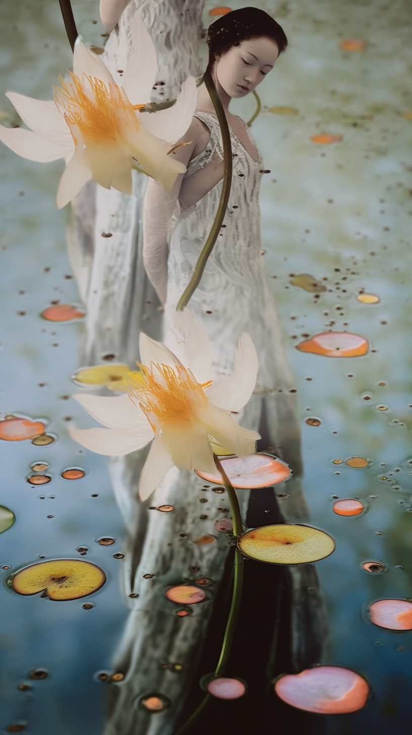 AI artwork of a woman in a textured white dress looking downward into calm water, with large white and orange lotus flowers blooming in the foreground and scattered lily pads floating around her.