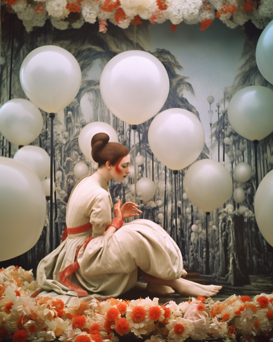 AI artwork of a woman in profile with bold red accents painted across her eyes, sitting on a bed of flower petals surrounded by giant white balloons against a monochrome forest-patterned backdrop.