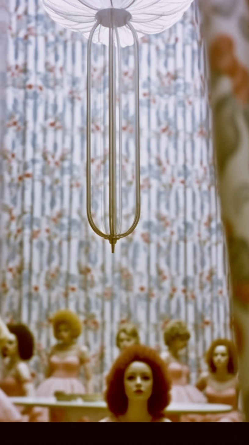 AI artwork of a golden metallic multi-rod light fixture hanging in sharp focus, with a heavily blurred backdrop of retro floral curtains and figures with yellow-toned hair.