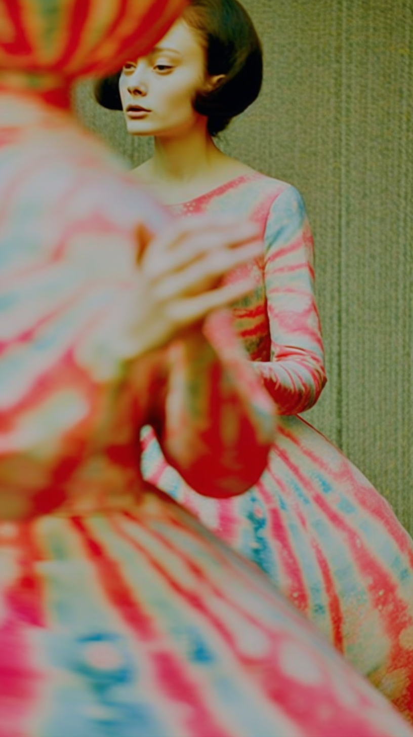 AI artwork of a woman, focusing closely on intertwined hands and a vibrant pink, blue, and red watercolor-patterned dress, with a soft, blurred film texture.
