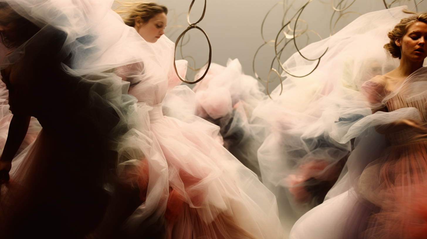 AI artwork of a woman enveloped in massive, dramatic clouds of pale pink and white tulle fabric, with thin geometric gold wire rings suspended overhead.
