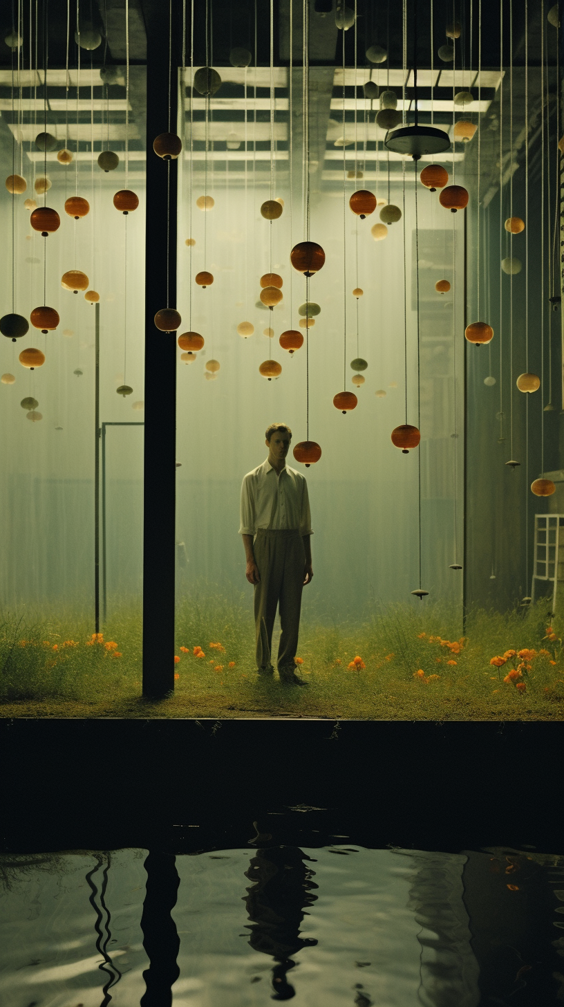 AI artwork of a man standing in a misty, indoor grassy environment under dozens of hanging orange and earth-toned glass globes, with his reflection visible in still water in the foreground.