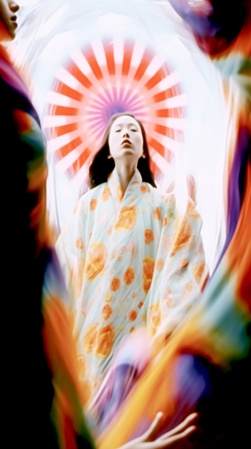 AI artwork of a woman looking upward in a white and orange floral robe, backed by a graphic red and white circular sunburst pattern and surrounded by fluid, melting rainbow light leaks.