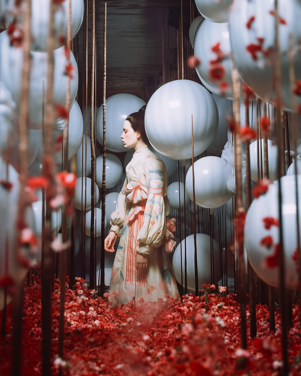 AI artwork of a woman in an ornate dress standing in profile among large white spheres and thin dark vertical rods rising from a dense carpet of red petals.