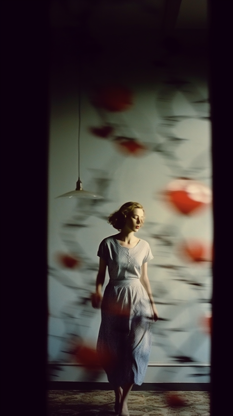 AI artwork of a woman in a short-sleeved patterned dress standing in a dark interior under a small pendant lamp, surrounded by floating, motion-blurred red flower shapes.