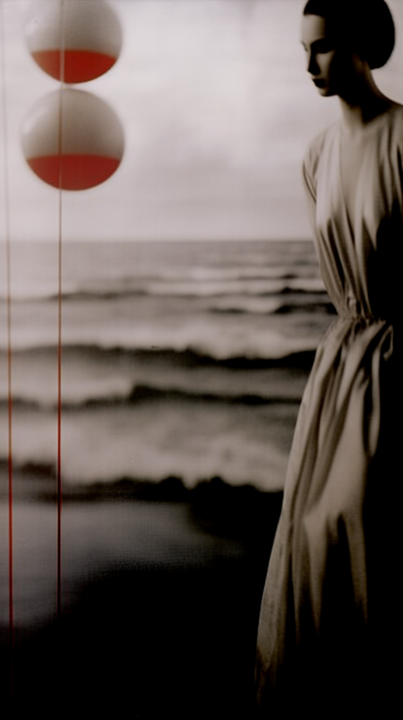 AI artwork of a sepia-toned sea with rolling waves, framed by heavily draped, neutral-toned fabric on the right and a single thin red line descending on the left.