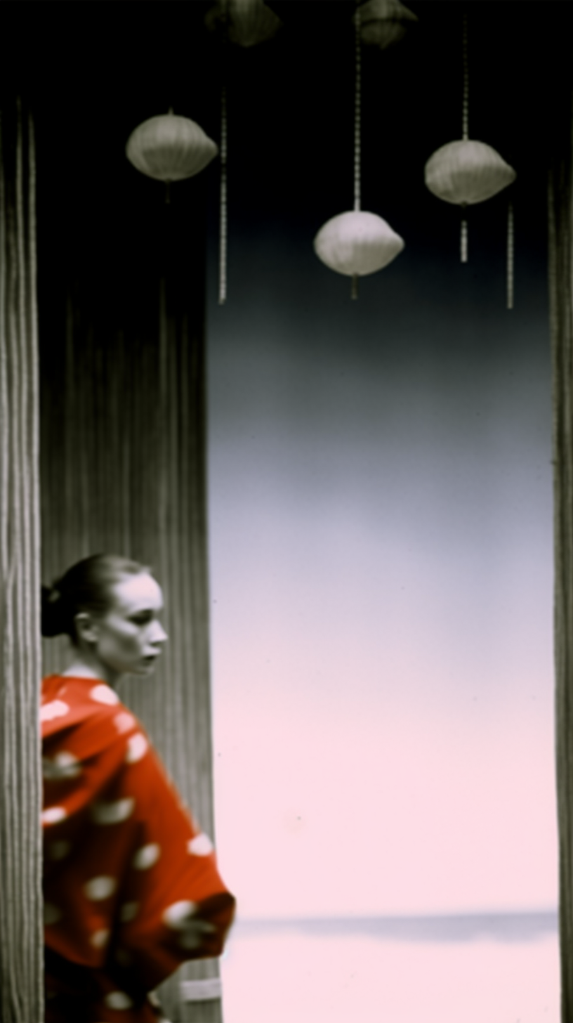 AI artwork depicting a woman in profile wearing a red and white polka-dot garment, standing between pale vertical curtains and looking out toward a muted horizon under hanging white pod lanterns.