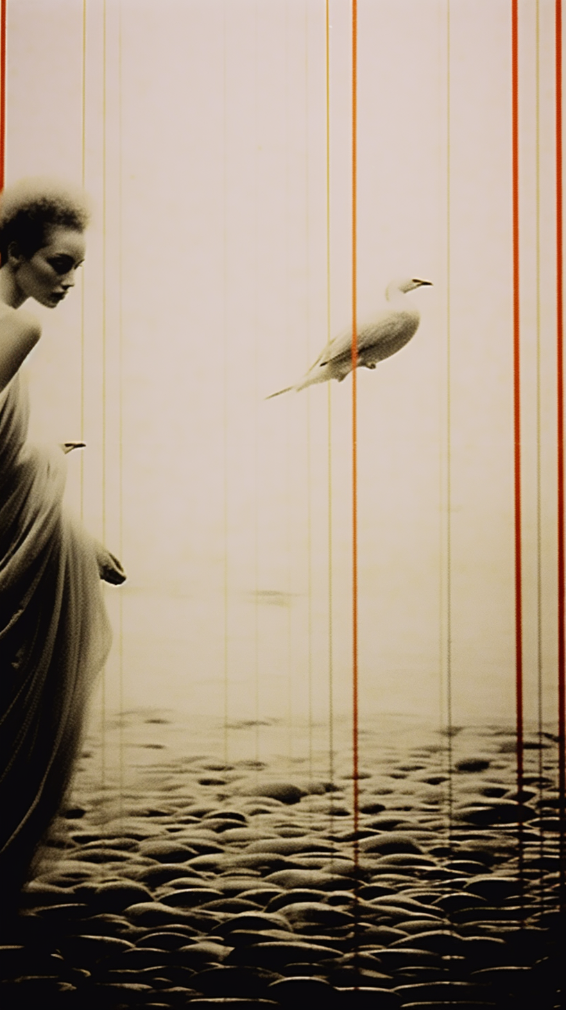 AI artwork of a woman in profile on the far left and a white seagull suspended mid-frame against a pale sepia beach backdrop, intersected by several sharp vertical red lines.