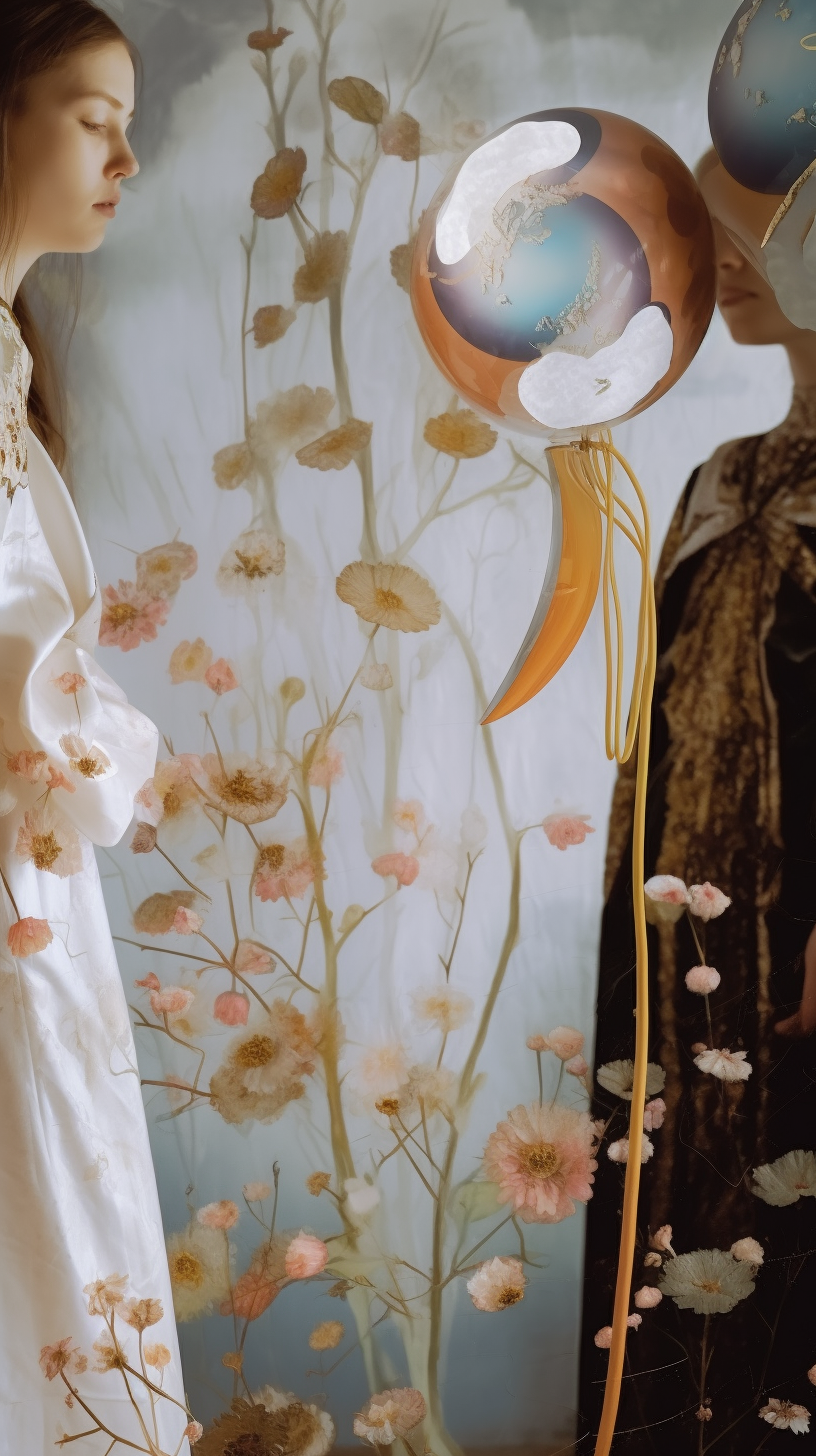 AI artwork featuring draped white silks and delicate floral background illustrations, accented by a hanging metallic orange crescent shape and dark, textured robes on the right.