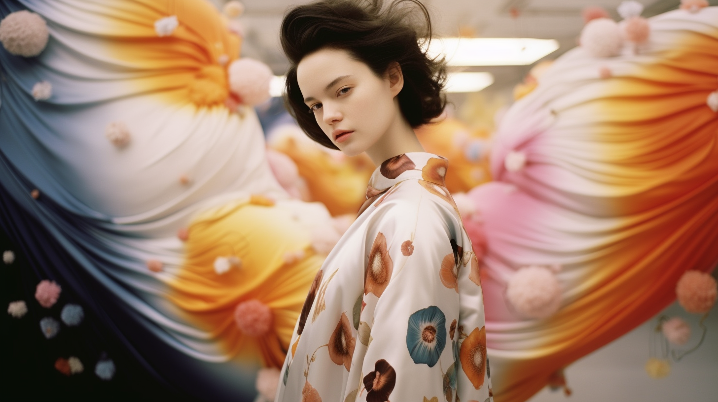 AI artwork of a woman with dark hair in a white silk robe with a blue and orange floral print, standing before a massive, billowing backdrop of undulating fabrics in vibrant orange, yellow, pink, and deep blue gradients.