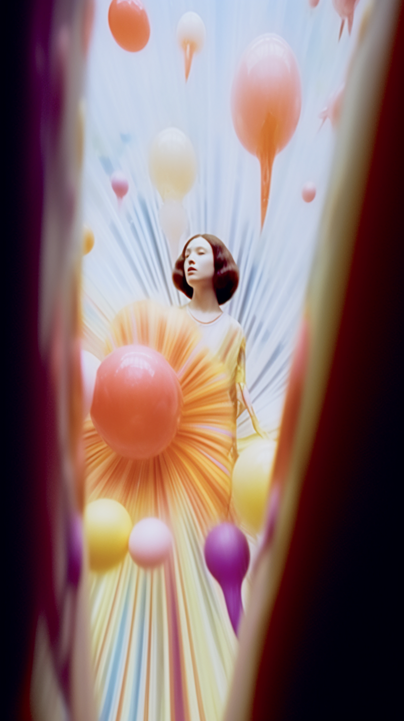 AI artwork of a woman in a pleated orange gown visible through a soft opening, surrounded by large, glossy pastel balloons in shades of pink, yellow, and purple.
