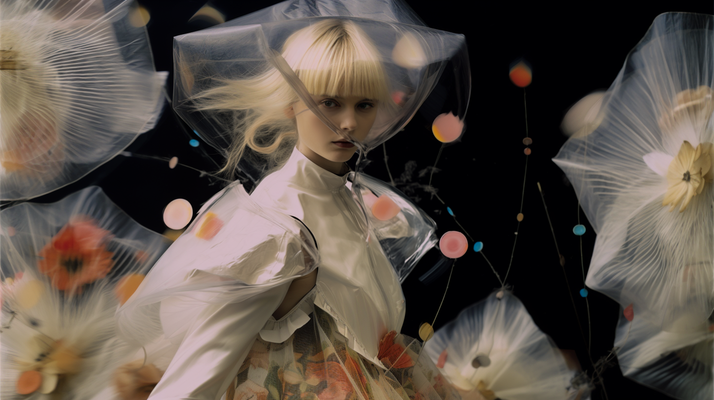 AI artwork of a blonde woman wearing an avant-garde translucent vinyl cape structure over a white outfit, set against a dark background with floating pink bokeh circles.