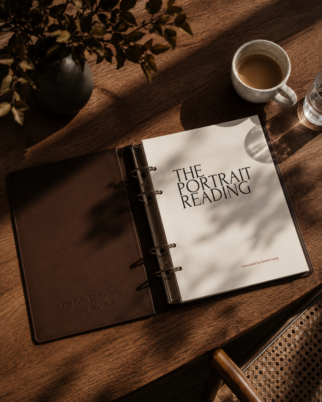 An overhead view of a dark brown leather binder open on a wooden table, displaying a custom printed title page that reads "The Portrait Reading," styled next to a coffee cup and fresh green leaves.
