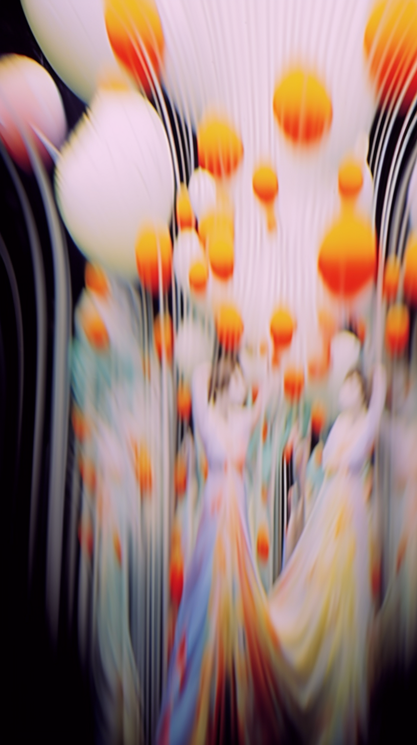AI artwork depicting motion-blurred, swirling figures in light robes moving upward among ascending bright orange and yellow sphere shapes and wavy vertical lines.