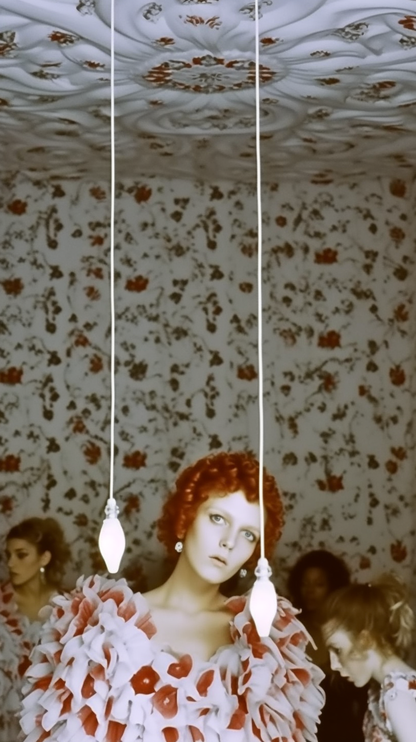 AI artwork of a red-haired woman looking forward, set against a background of dark green and red floral wallpaper, with sharp white hanging cords and glowing teardrop light bulbs in the foreground.