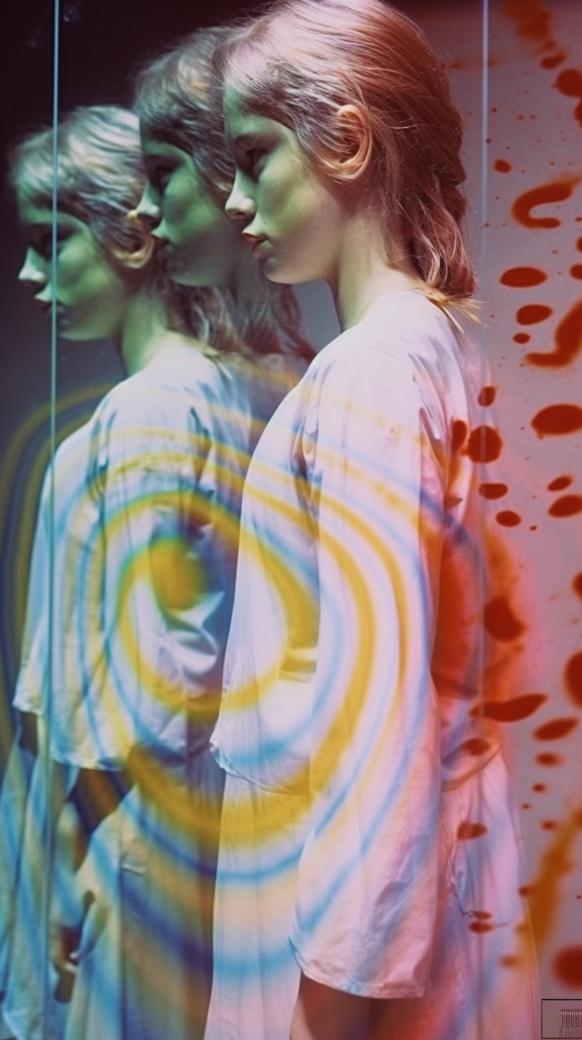 AI artwork of layered figures in light blue clothing shown in profile, overlaid with a prominent blue and yellow swirling vortex pattern against a red-spotted background.