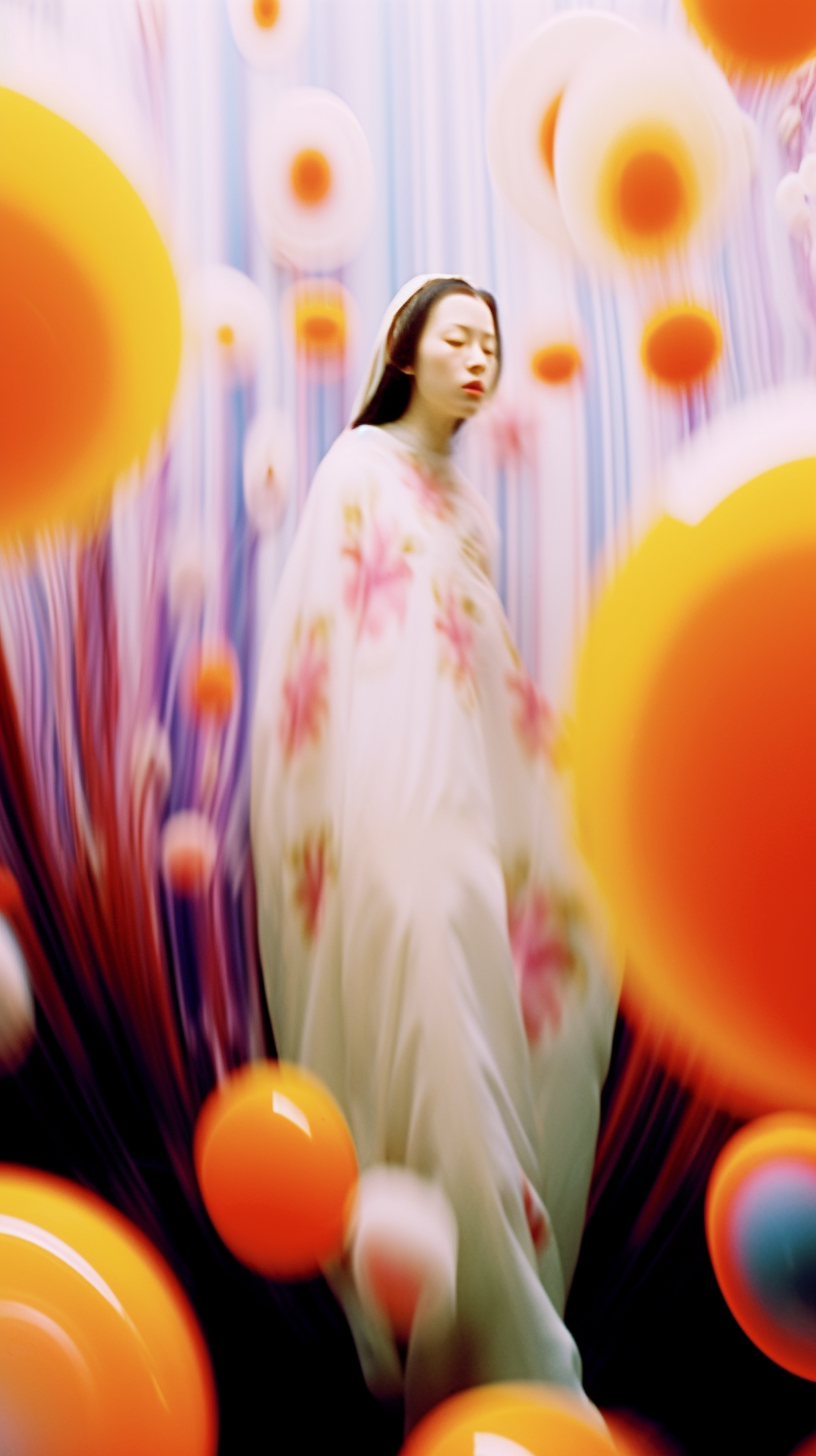 AI artwork of a woman in a flowing white dress with pink floral accents, walking through a field of motion-blurred, vibrant orange and yellow floating discs against a vertically striped pastel background.