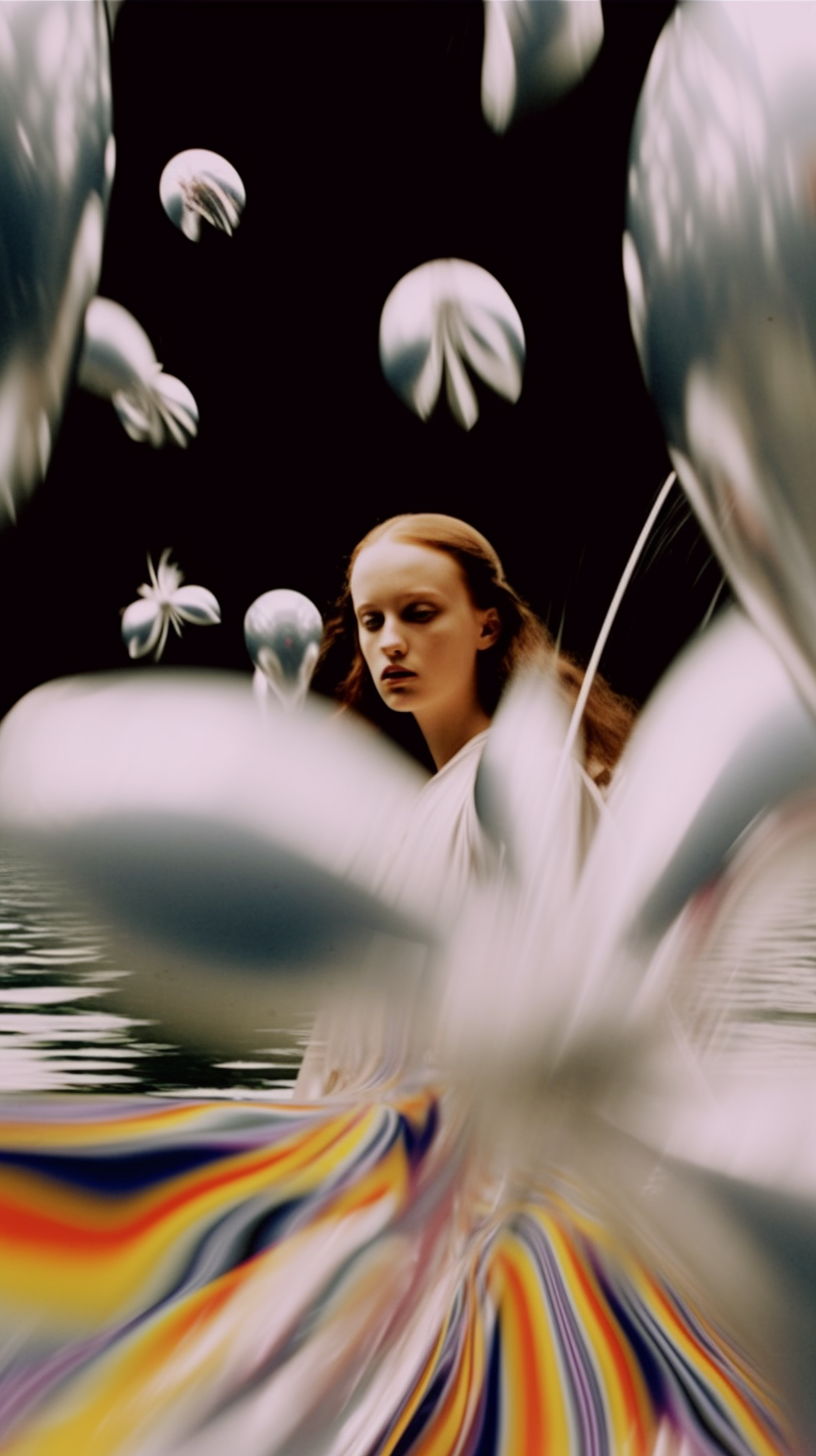AI artwork of a red-haired woman in dark, rippling water against a pitch-black background, framed by heavily blurred white organic shapes floating in the foreground.