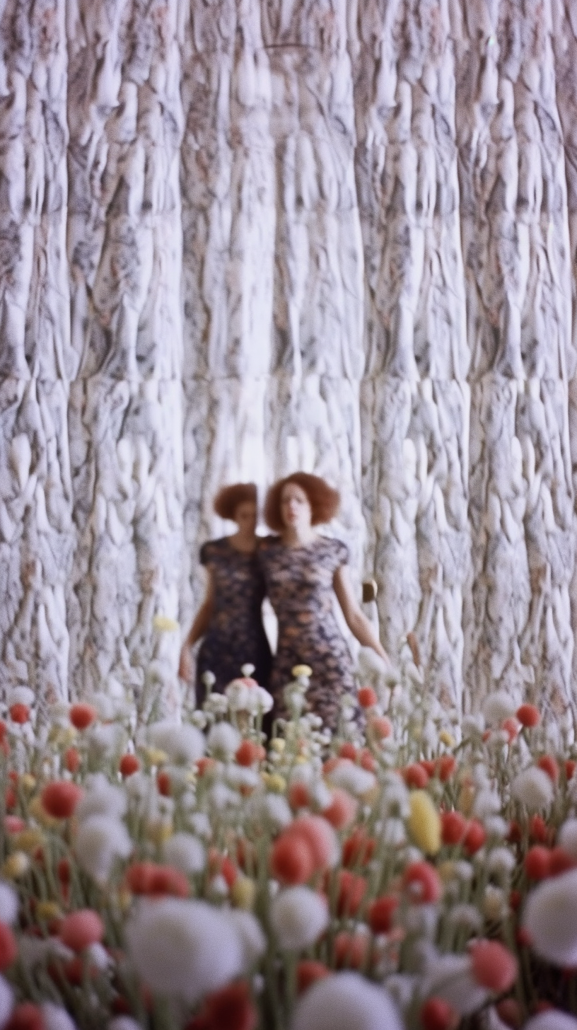 AI artwork of two women in dark floral dresses standing behind a blurred patch of red and white flowers, positioned against a heavily textured cream retro wall covering.
