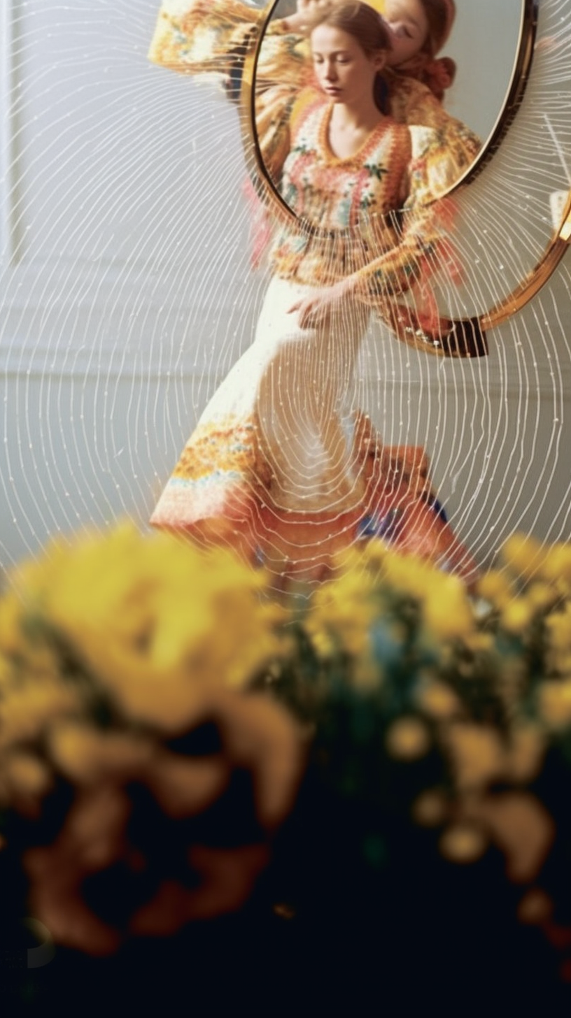 AI artwork of a woman in an embroidered dress looking into an oval gold mirror, framed by a delicate white concentric pattern and blurred yellow flowers in the foreground.