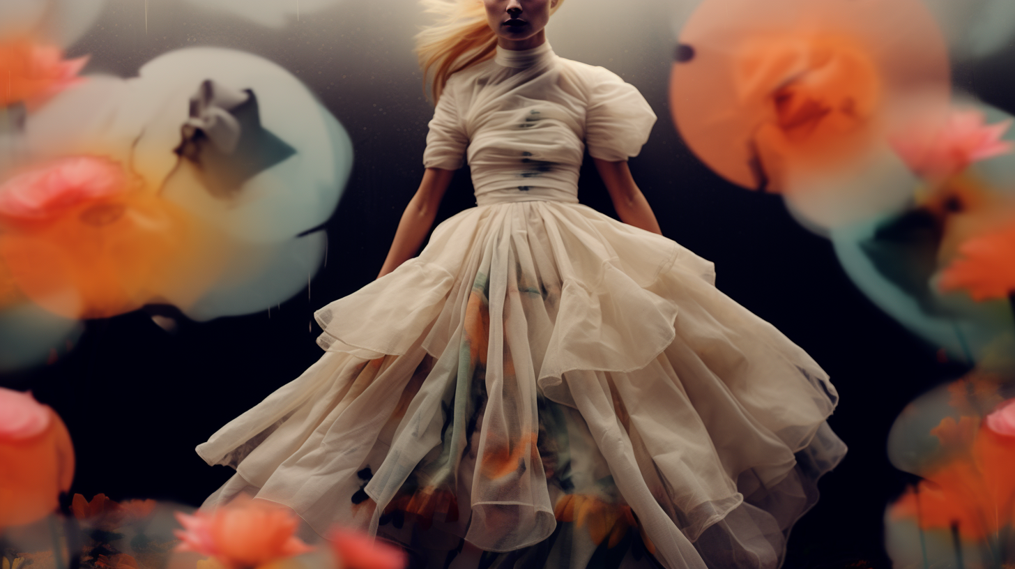 AI artwork of a figure wearing a massive, structured cream ballgown with voluminous tiered ruffles, set against a dark background with blurred orange and white abstract shapes.
