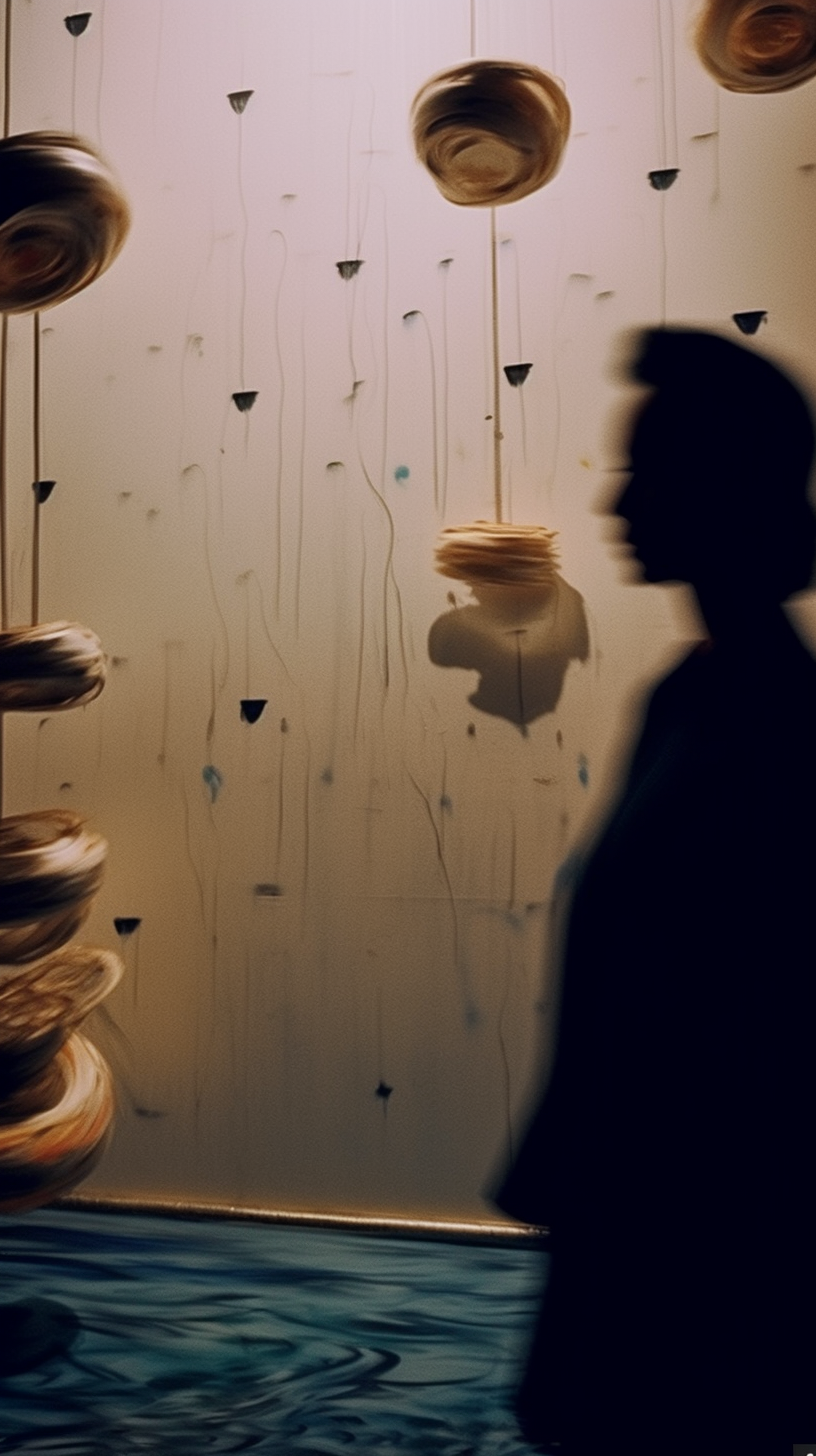 AI artwork showing the dark silhouette profile of a person on the right, looking at a dimly lit textured beige wall decorated with hanging woven objects and small floating shards.
