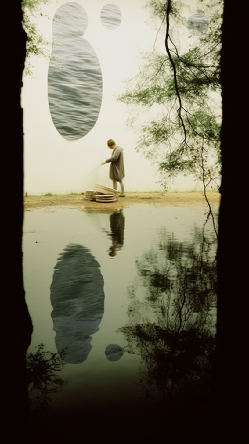 AI artwork showing a person standing near trees beside an exceptionally still pond, with a dark, symmetry-breaking reflection and a textured grey oval cutout in the upper left corner.