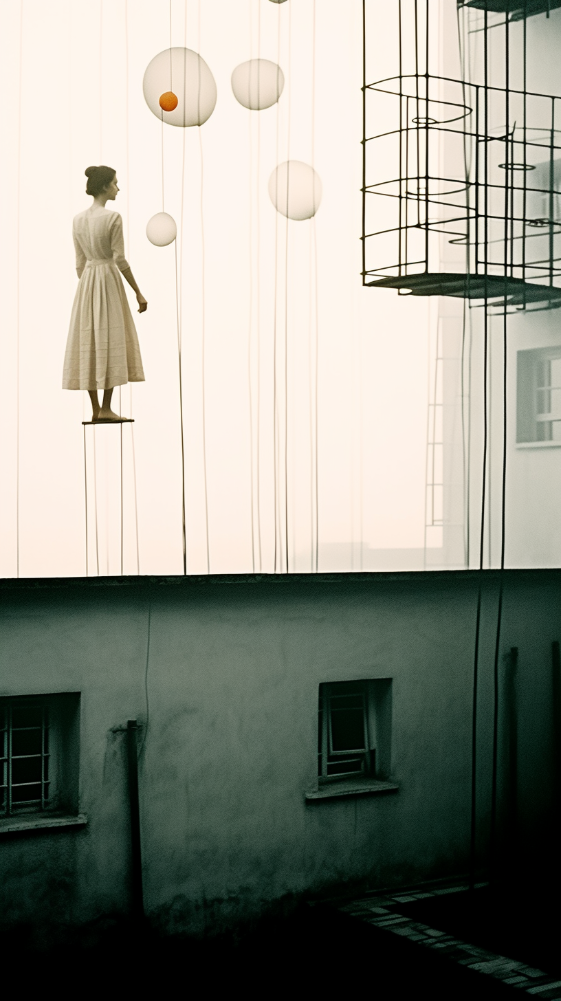 AI artwork of a woman in a white mid-century dress standing on a tiny platform high in the air, set against a pale wall with floating white balloon shapes and a black metal fire escape structure.