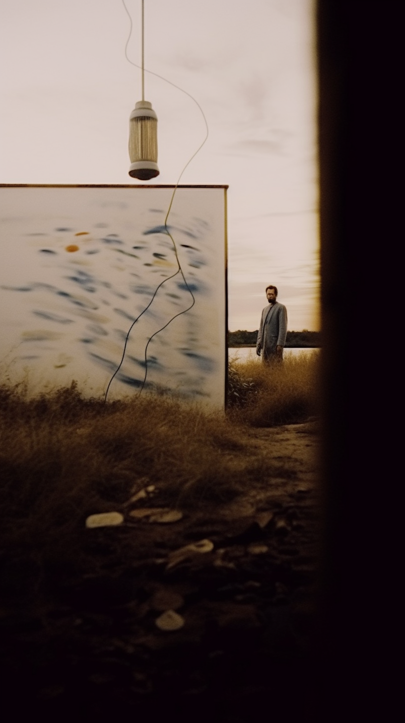 AI artwork of a man standing in a dry field of tall grass behind a large, freestanding white art panel painted with abstract blue strokes, framed by dark foreground pillars.