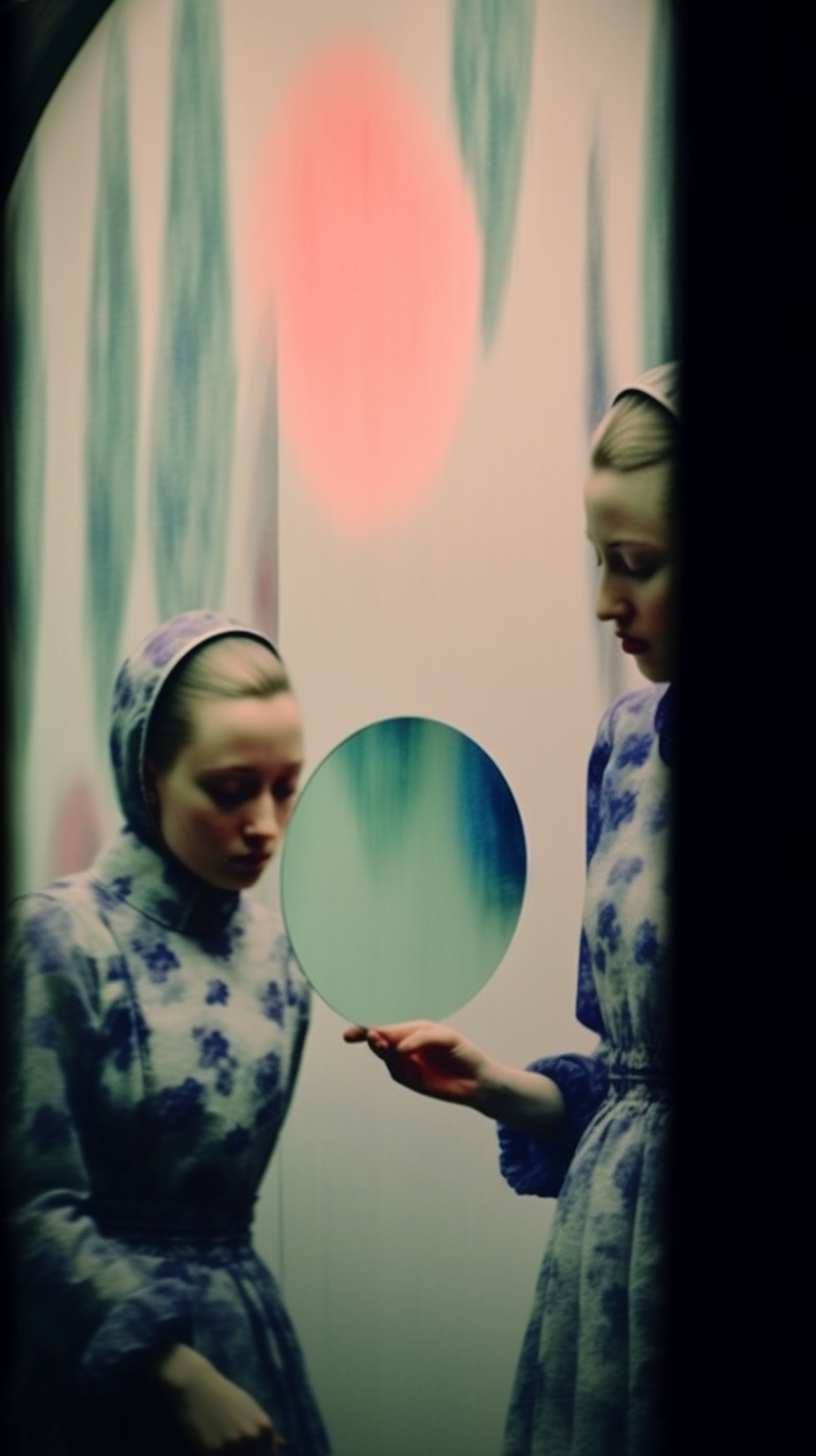 AI artwork depicting a woman in a blue floral dress and headscarf holding a circular mirror, beside her own reflection or another figure against a wall with a large pink abstract brushstroke.