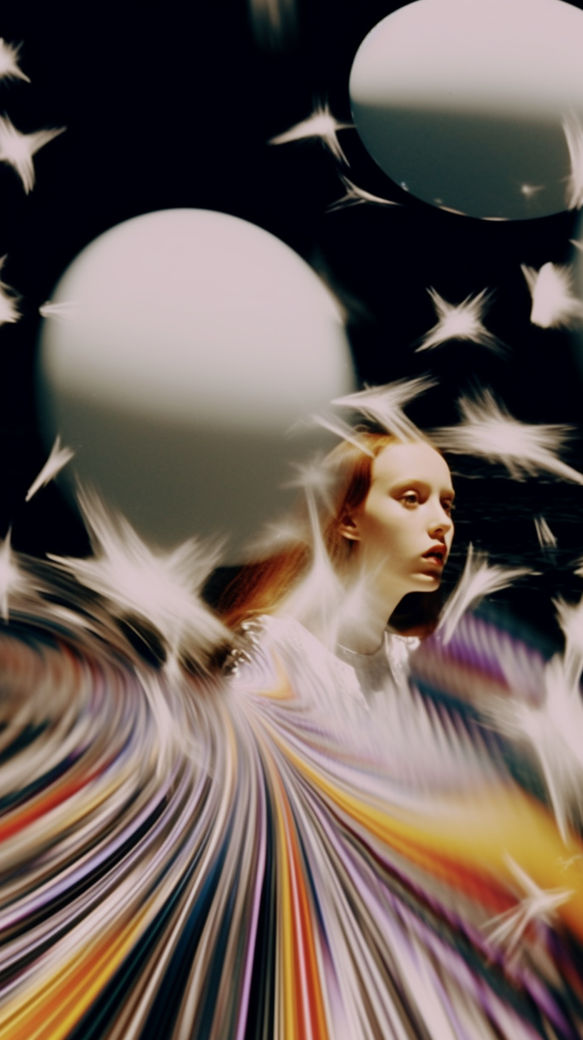 AI artwork featuring a profile view of a red-haired woman whose gown dissolves into a powerful, radiating explosion of fine multi-colored rainbow lines, surrounded by white balloons and sharp star sparks in a dark void.