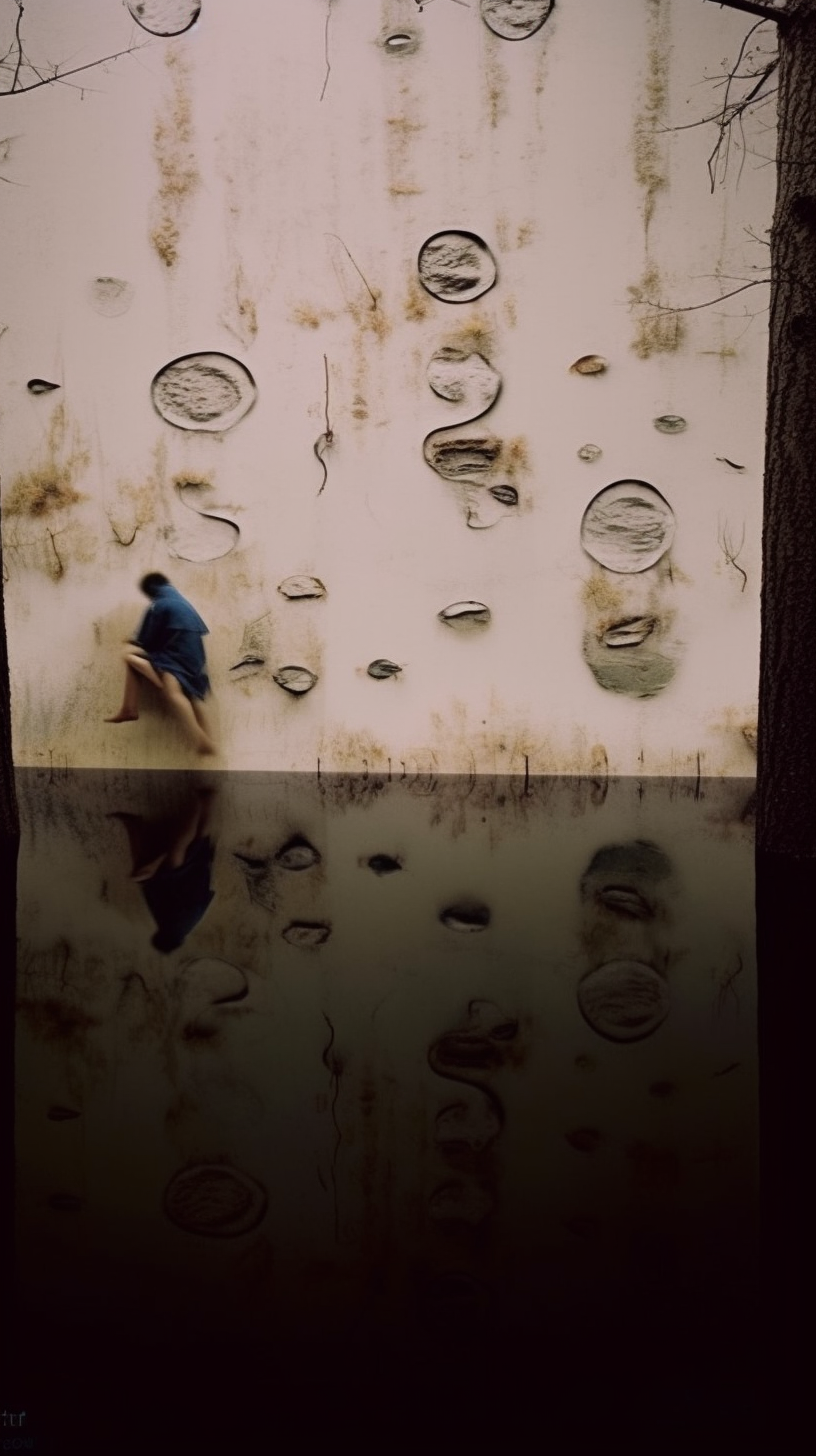 AI artwork of a figure in blue clothing sitting on a narrow ledge before a massive cream-colored wall covered in circular, crater-like decay marks, perfectly mirrored in dark water below.
