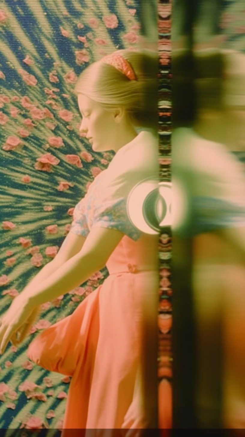 AI artwork of a blonde woman in a pink dress looking towards a radiating swirl of pink flowers, bisected by a sharp vertical line of abstract, dark geometric shapes.