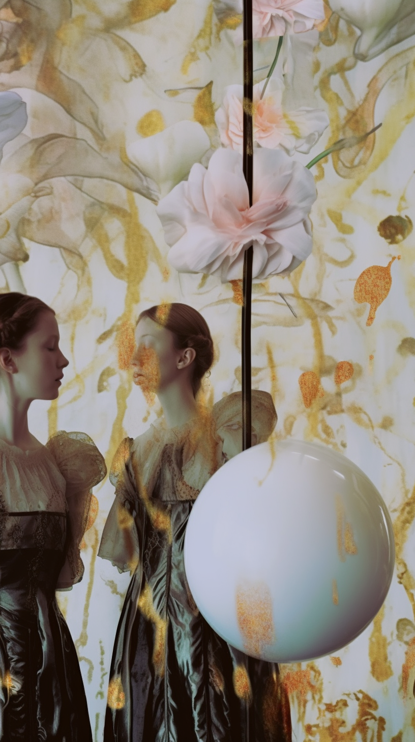 AI artwork showing a woman's profile and her reflection against a background of gold paint drips and soft pink flowers, with a large white glossy sphere positioned in the foreground.